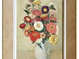a painting of flowers in a white vase on a table