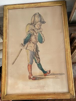 tableau représentant un homme en uniforme militaire, muni d'une canne et d'un chapeau