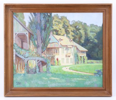 une peinture à l'huile représentant une scène de vie à la ferme avec un cheval et une grange