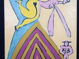 un tableau représentant un oiseau et un homme sur une colline