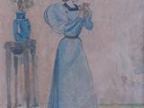 painting of a woman in a blue dress and hat standing in front of a vase with flowers