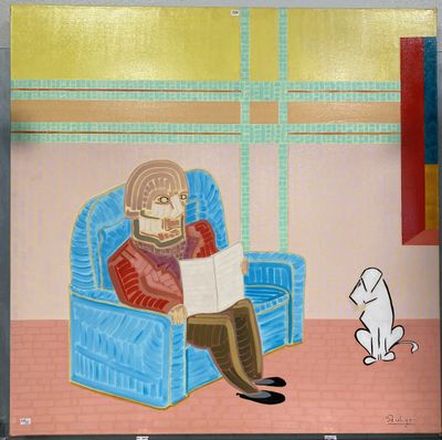 un tableau représentant un homme assis sur une chaise en train de lire un livre