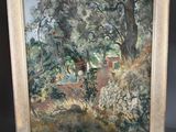 an oil painting of a house in a wooded area with trees and bushes
