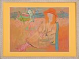 tableau représentant une femme assise sur une plage, avec un bateau en arrière-plan