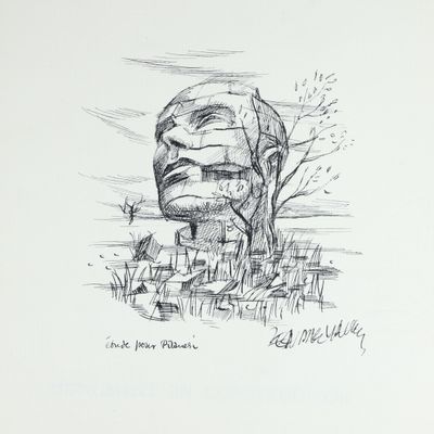 dessin au crayon représentant la tête d'un homme, avec un arbre au premier plan