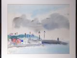 a watercolor painting of a beach scene with umbrellas