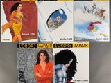 four books on the cover of a magazine with pictures of women and men