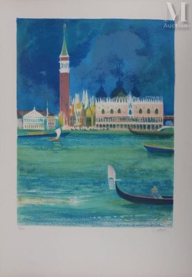 un tableau représentant une gondole sur l'eau, avec une tour horloge en arrière-plan