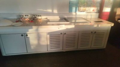a sink in the middle of a kitchen with a lot of counter space