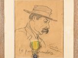 dessin représentant un homme coiffé d'un chapeau, tenant une médaille à la main