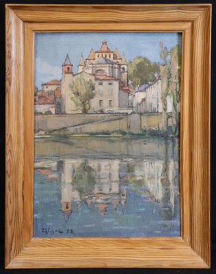 une image représentant un tableau d'une petite ville au bord de l'eau