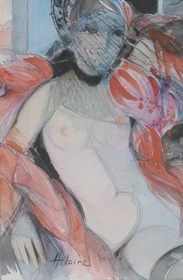 un tableau représentant une femme portant un chapeau et une écharpe