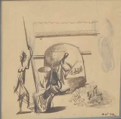 drawing of a man and a dog sitting in front of a fireplace