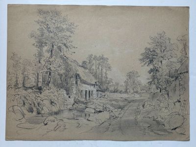 un vieux dessin représentant une maison dans un environnement boisé, avec des arbres