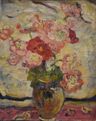 a painting of flowers in a vase on a table