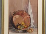 tableau représentant un bol de fruits posé sur une table, à côté d'une nappe