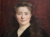 a painting of a woman in a black dress and fur coat