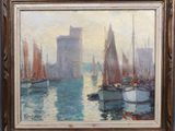 an oil painting of boats in a harbor with a castle in the background