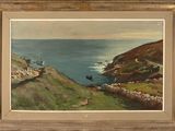 an oil painting of a view of the ocean from a hill
