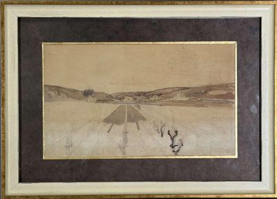 an image of a painting of a man and a woman walking in a field