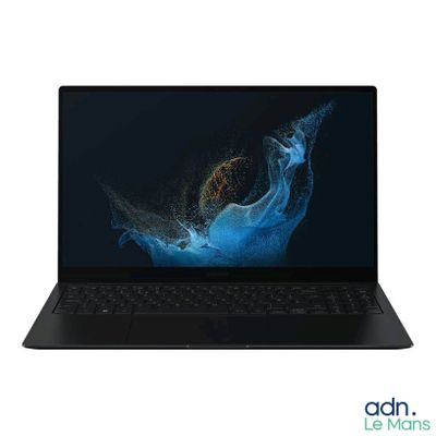 a black laptop with a blue screen and a black keyboard