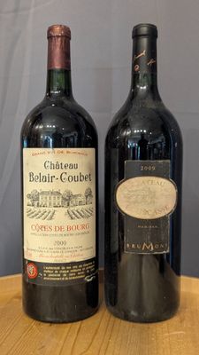 two bottles of wine sitting on a wooden table