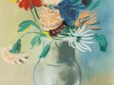 un tableau représentant un vase de fleurs et une pomme