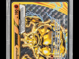 a close up of a pokemon card with lightning on it