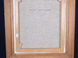 an old wooden easel with a canvas on it and a black background