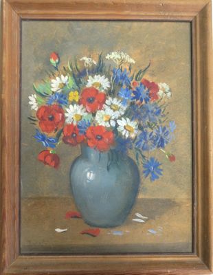 une peinture de fleurs dans un vase sur une table