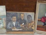 trois tableaux représentant un homme et une femme assis sur un banc