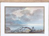 framed picture of a painting of a tree on a rocky shore