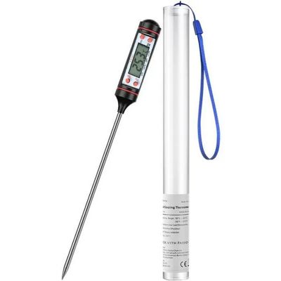 un thermomètre numérique muni d'un manche bleu et d'un tube blanc