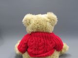 a teddy bear wearing a red sweater sitting on a gray surface