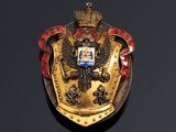an image of a gold and red shield with a crown on it