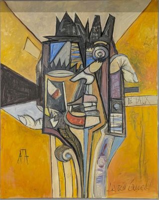 une peinture abstraite représentant un vase dans lequel se trouve un oiseau