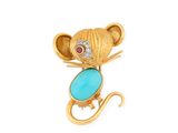 an image of a gold and turquoise mouse broochle