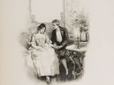 an old black and white drawing of a man and woman sitting on a couch
