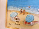 un tableau représentant des personnes sur la plage avec des parasols bleus