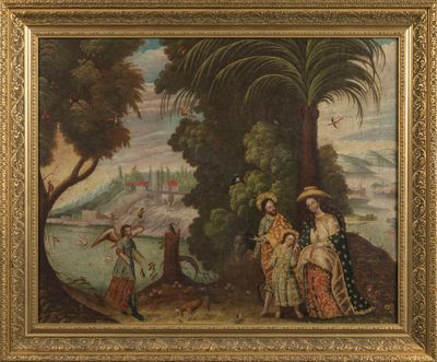 une image d'un tableau représentant un groupe de personnes dans un cadre boisé