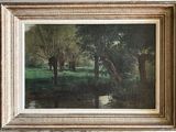 a picture of a painting of horses in a field by the water