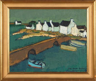a painting of a boat in the water next to a bridge