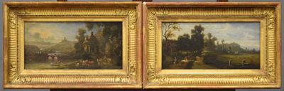 two paintings of a landscape are hanging on a wall