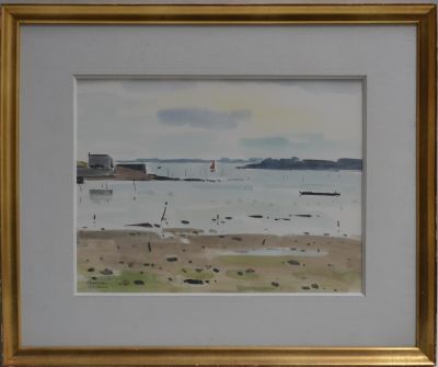 a watercolor painting of a sailboat on the water