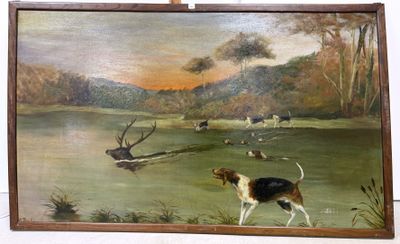 une photo d'un tableau représentant un chien dans un champ