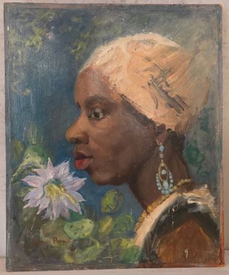 tableau représentant une femme portant un turban et tenant une fleur dans la bouche