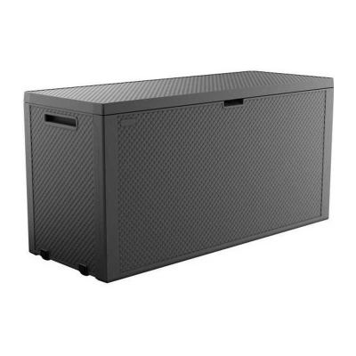 a black plastic storage box on a white background