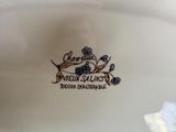 a close up of a white plate with blue flowers on it