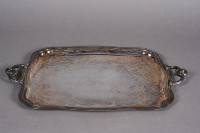 a silver tray with handles and handles on a gray surface