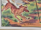 a picture of a painting of a dog running with a stick
